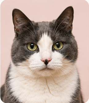 Kimo, a gray and white cat with green eyes